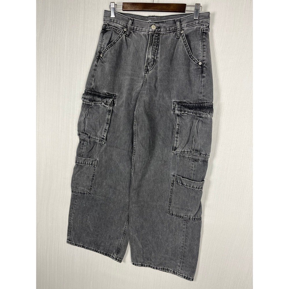 Old Navy Cargo Jeans Women 4 Gray Baggy Wide Leg Mid-Rise Drapey Denim Utility